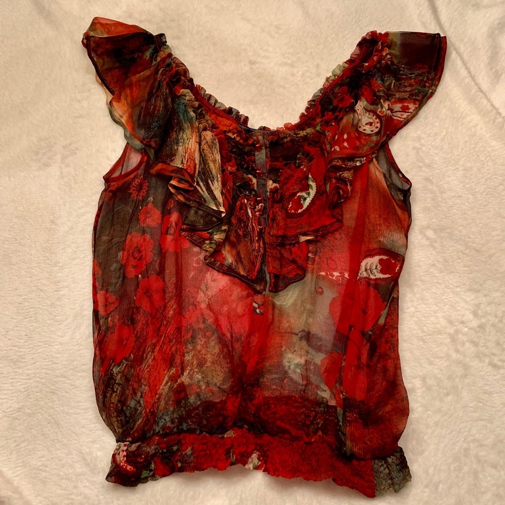 Ya-Da 100% Silk Ruffle Detail Top